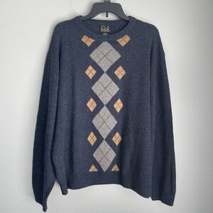 Jos A Bank Lambswool Sweater Men's XL Blue Gray Tan Argyle Crew Neck Preppy